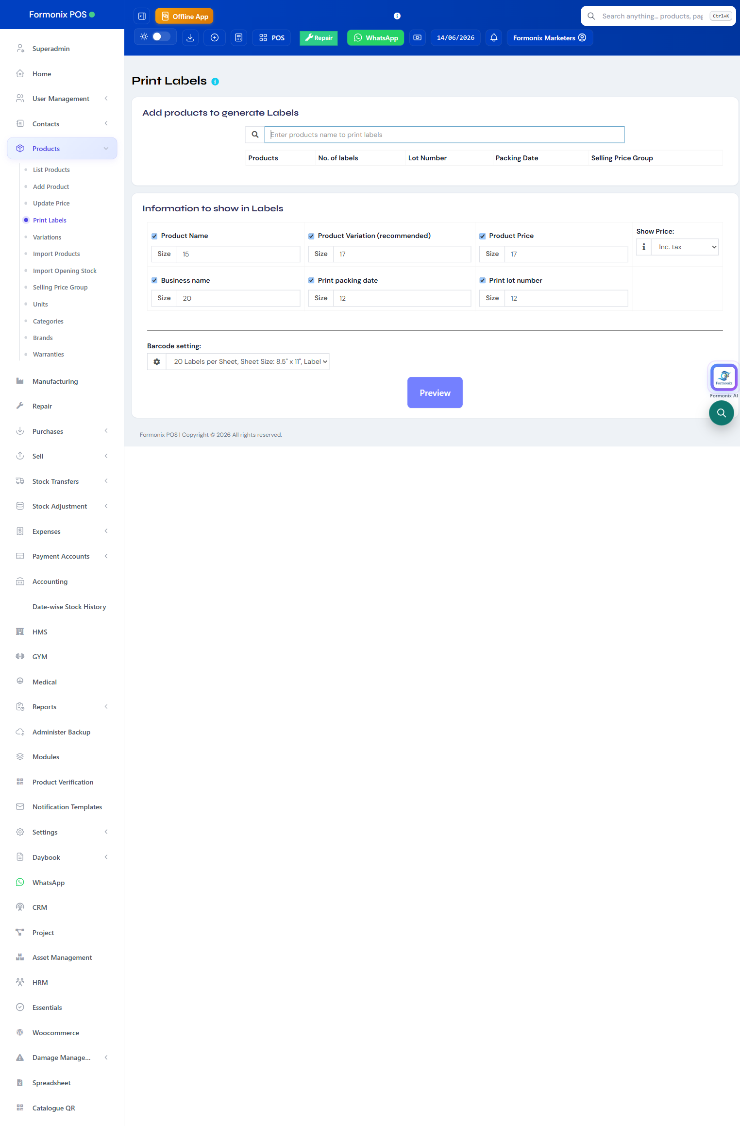 Formonix POS screen