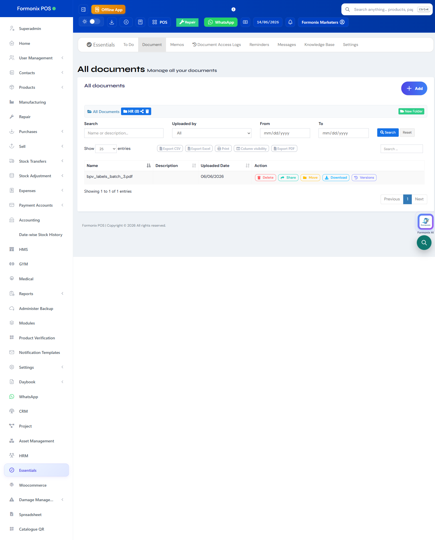 Formonix POS screen