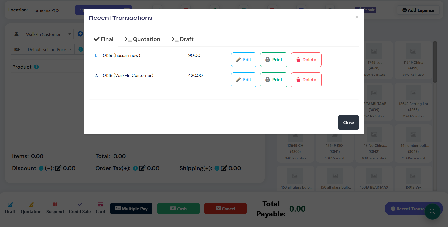 Formonix POS screen