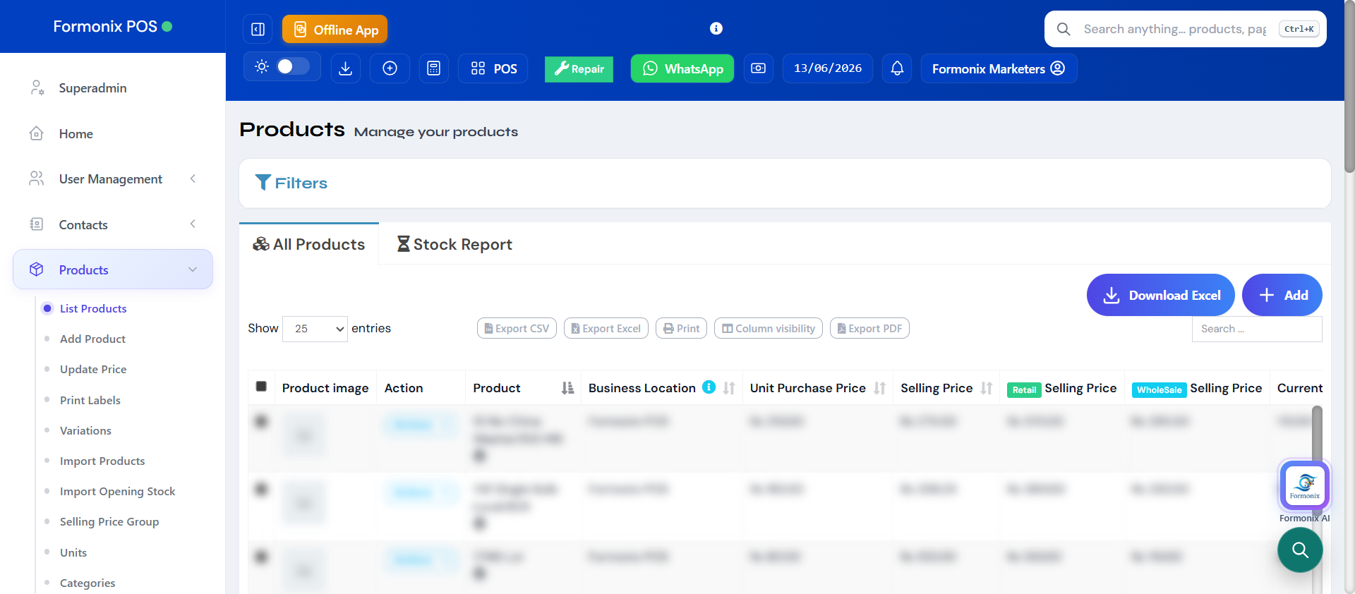 Formonix POS products and stock screen