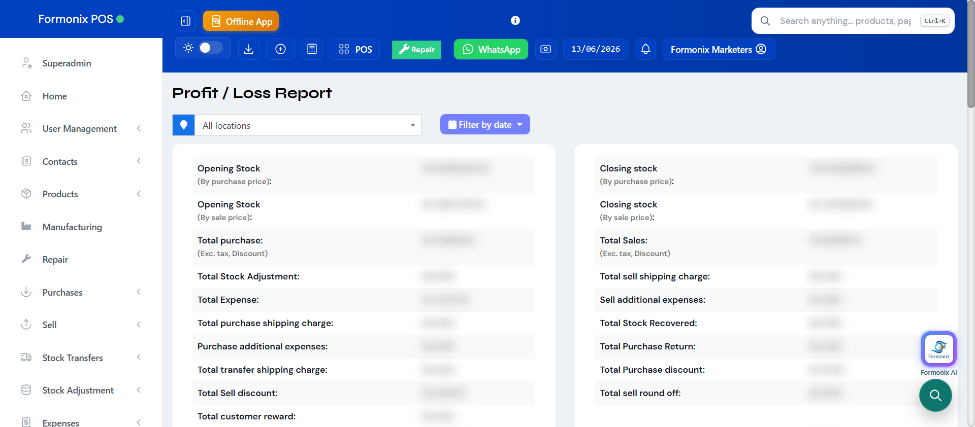 Formonix POS profit and loss report