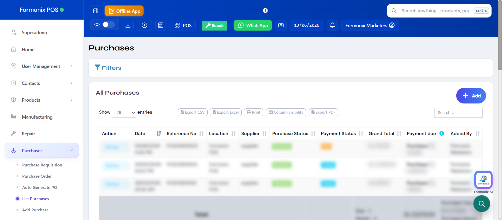 Formonix POS purchases screen