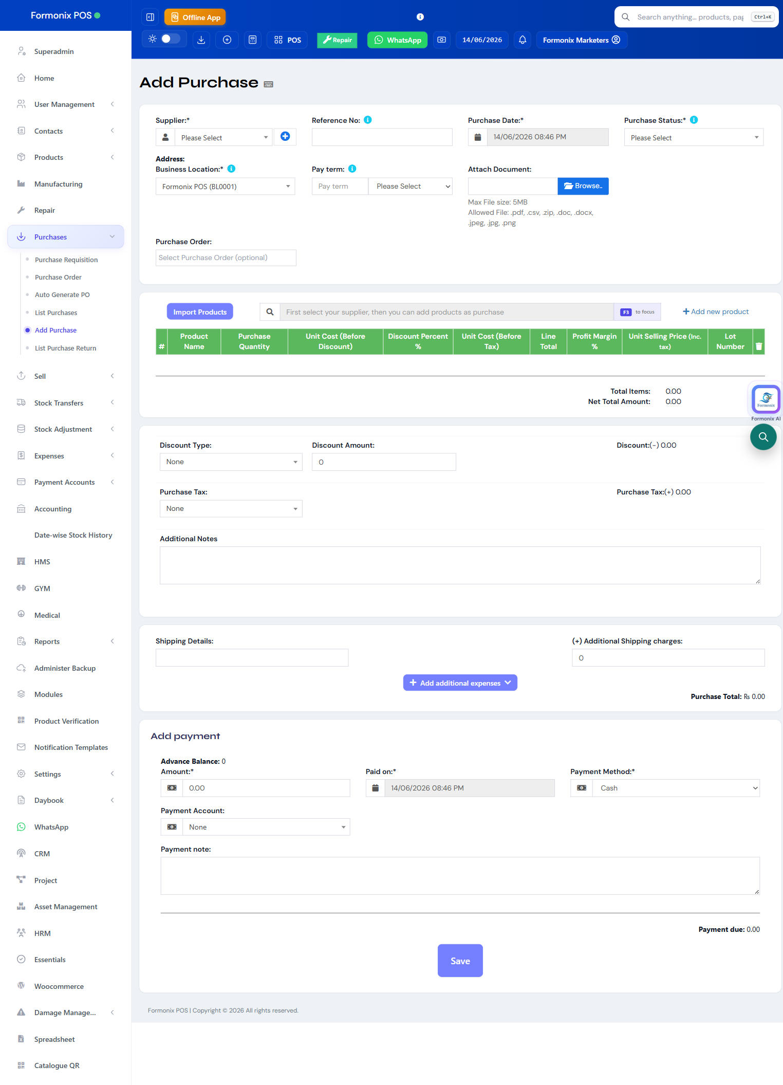 Formonix POS screen