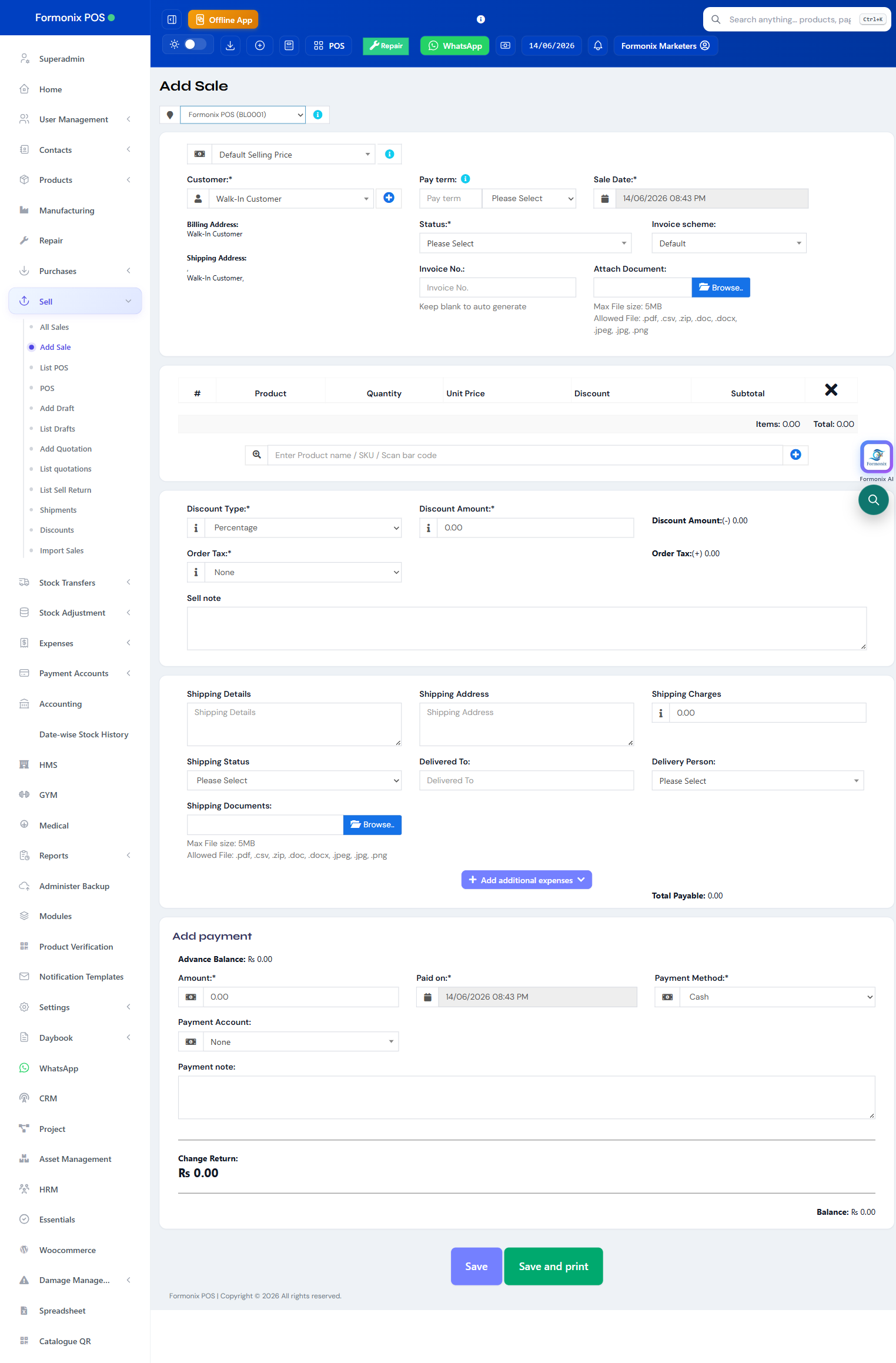 Formonix POS screen