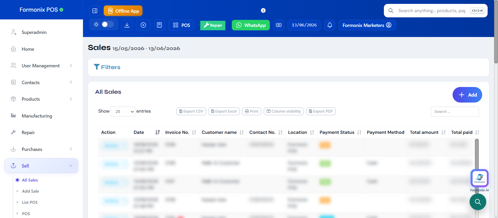 Formonix POS sales and invoices list