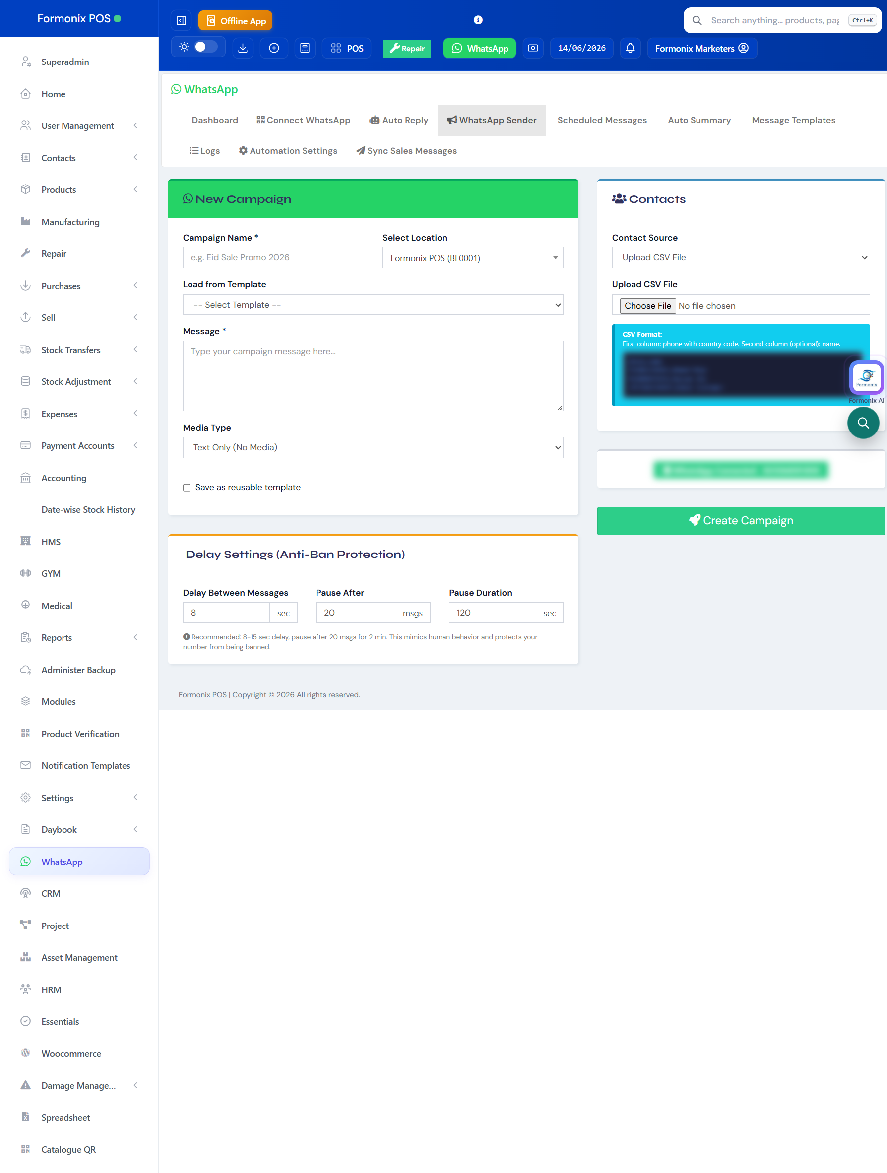 Formonix POS — WhatsApp campaign-create screen