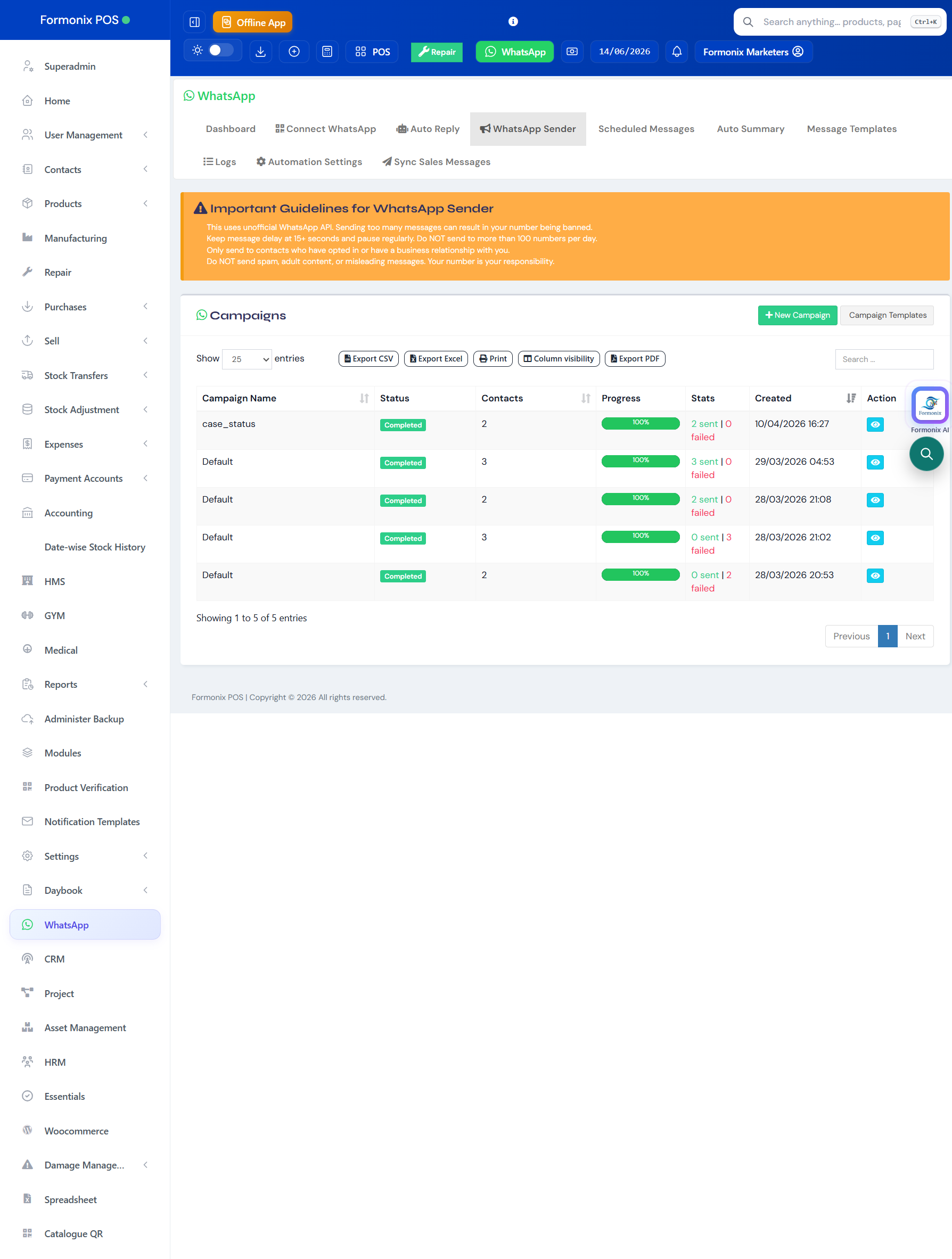Formonix POS — WhatsApp campaigns screen