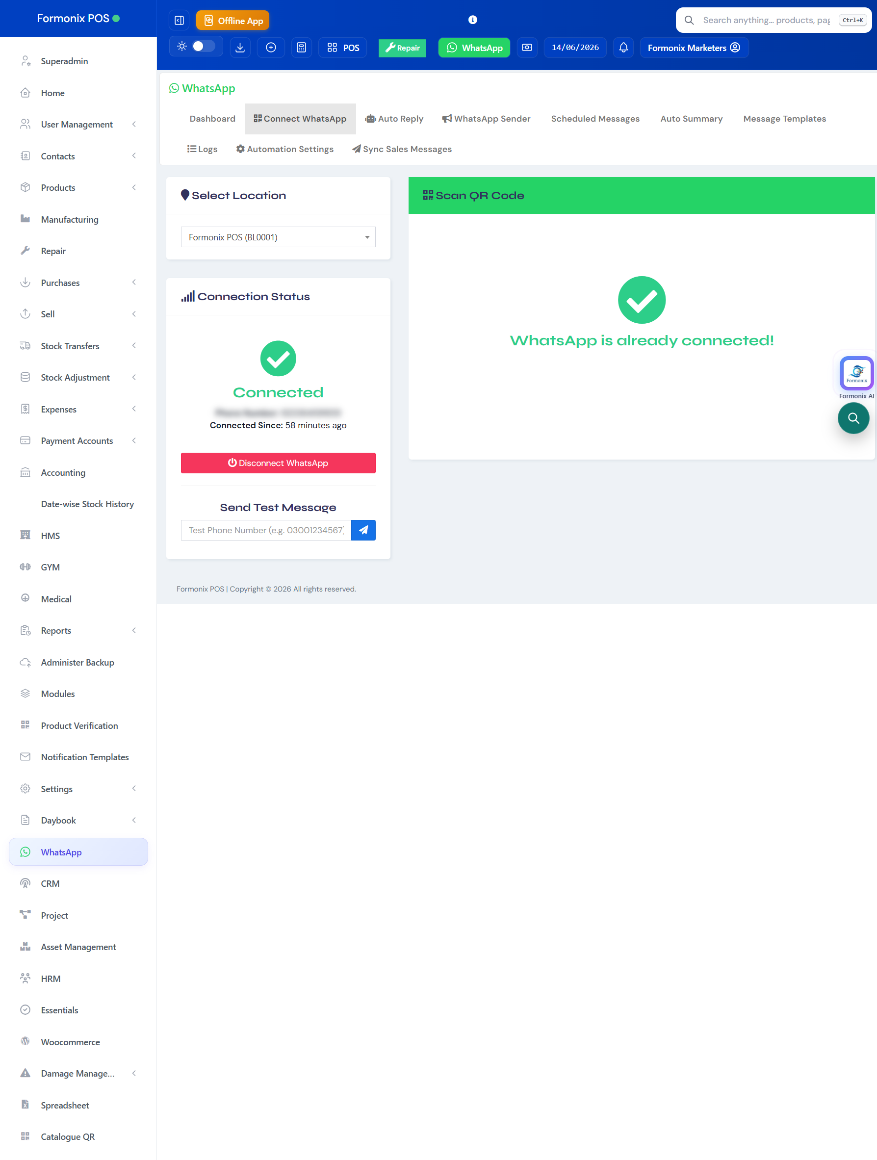 Formonix POS — WhatsApp connect screen