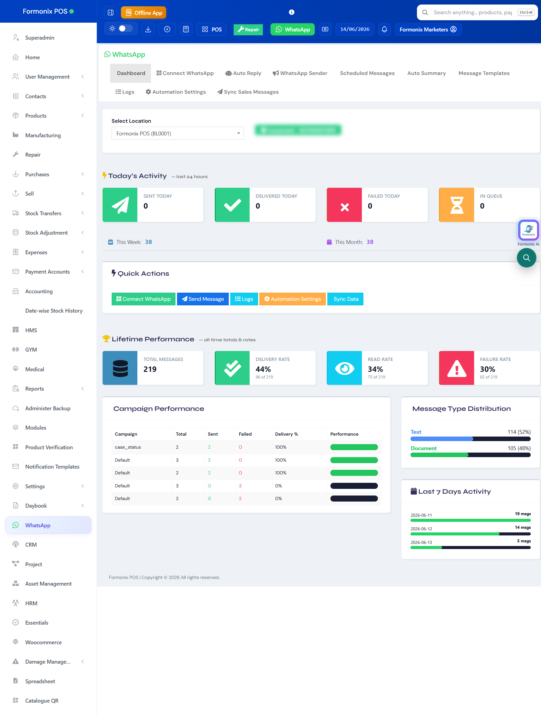 Formonix POS — WhatsApp dashboard screen