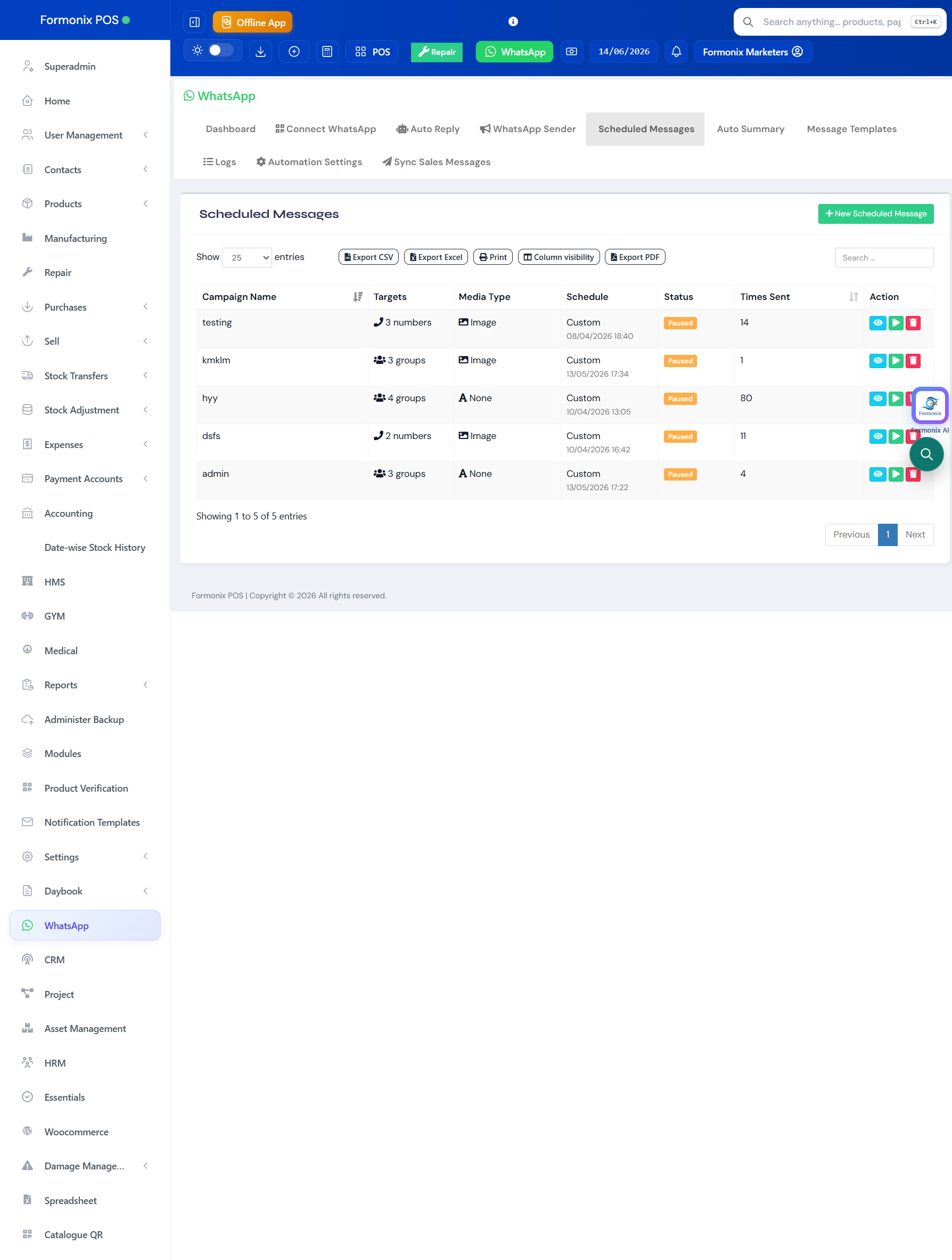 Formonix POS — WhatsApp scheduled screen