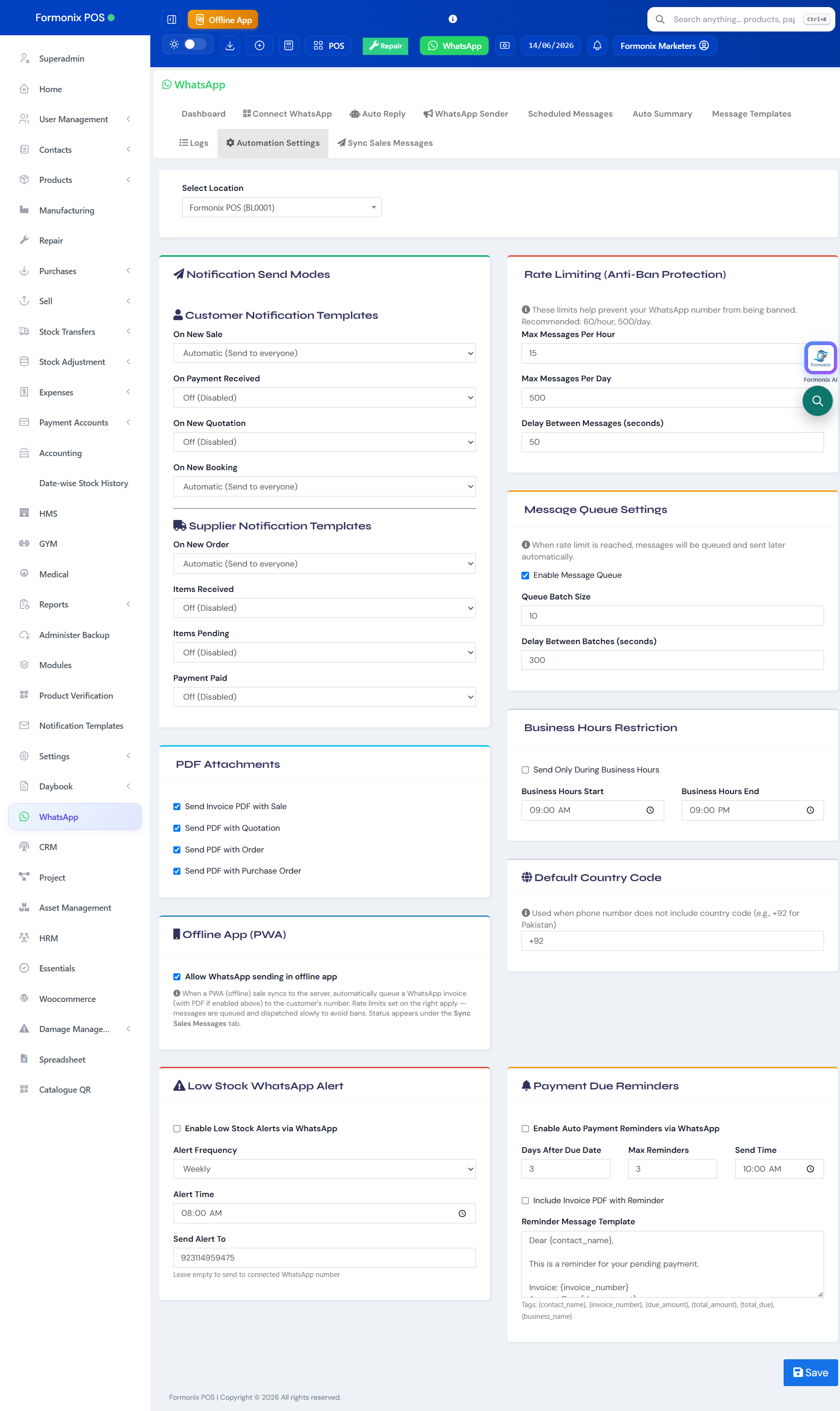 Formonix POS — WhatsApp settings screen