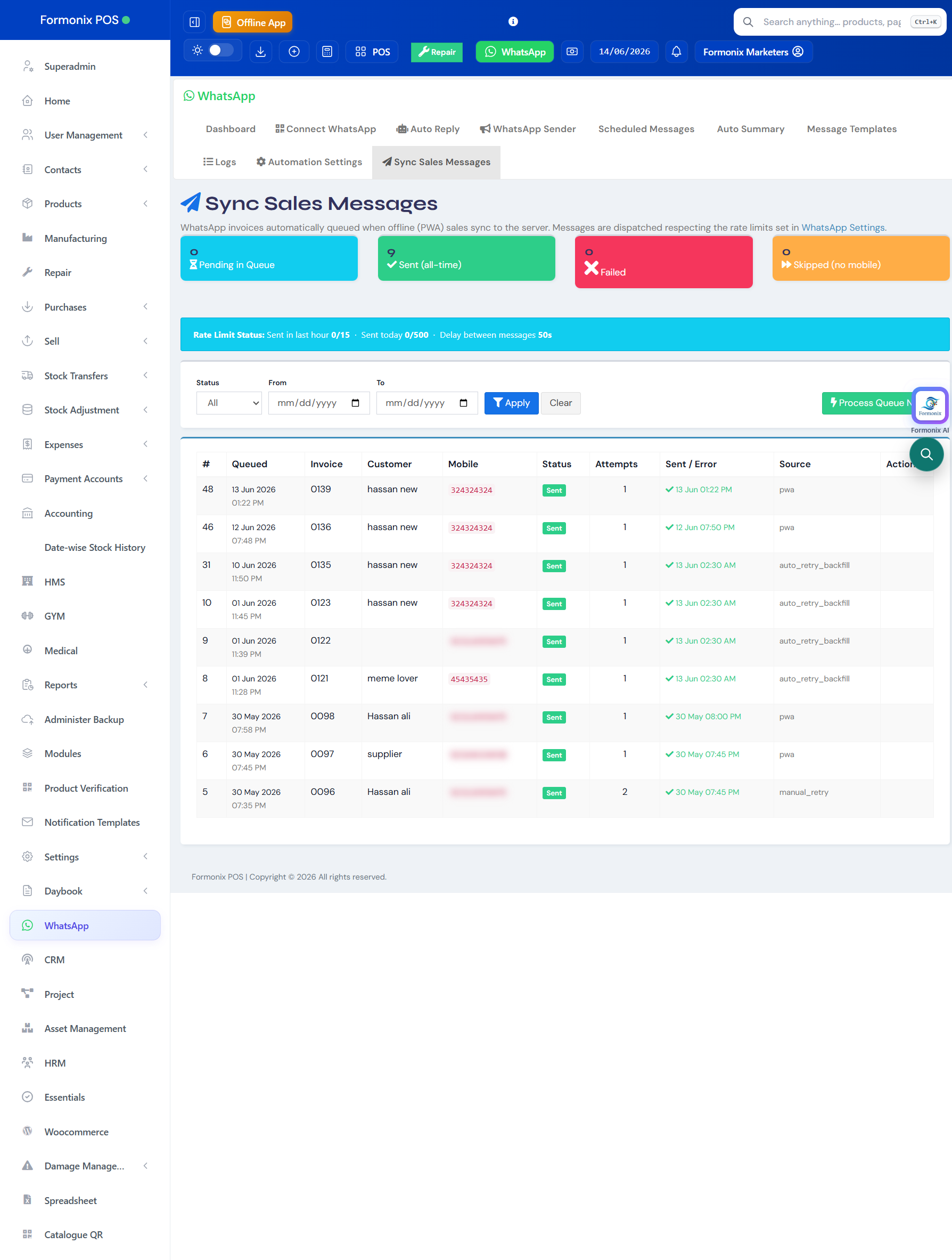 Formonix POS — WhatsApp sync screen