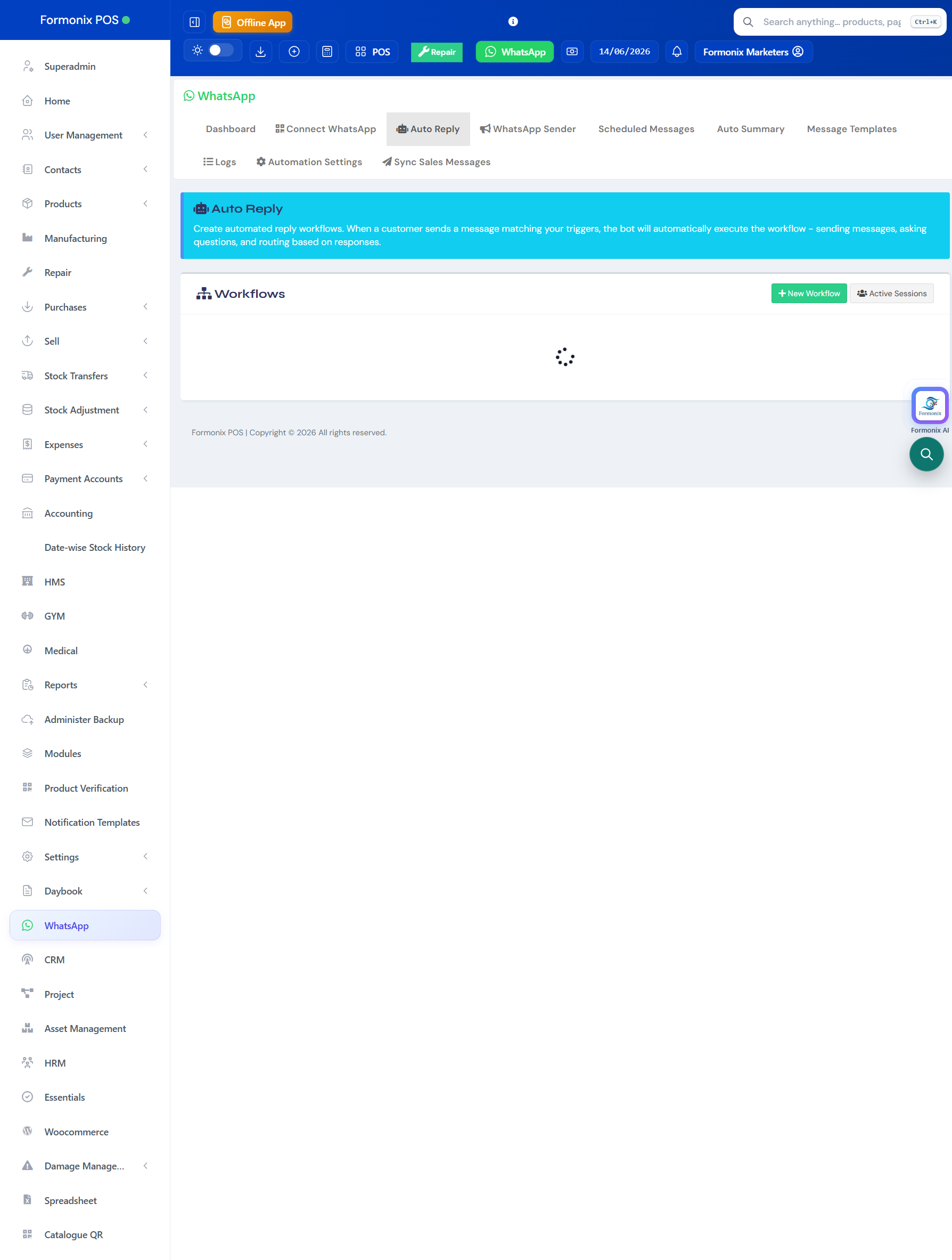 Formonix POS — WhatsApp workflows screen